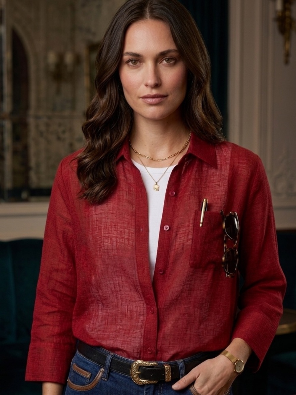 Coldwater Creek Sheer Red Button-Front Blouse